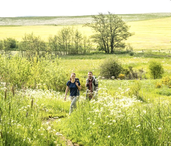 Wanderer in der idyllischen Landschaft beim Eichholzmaar Steffeln., © Eifel Tourismus GmbH, Dominik Ketz