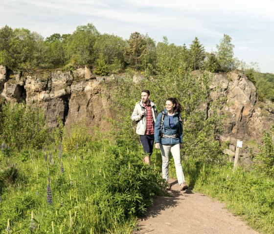 Wanderer im Vulkangarten Steffeln vor dem Vulkan Steffelnkopf., © Eifel Tourismus GmbH, Dominik Ketz