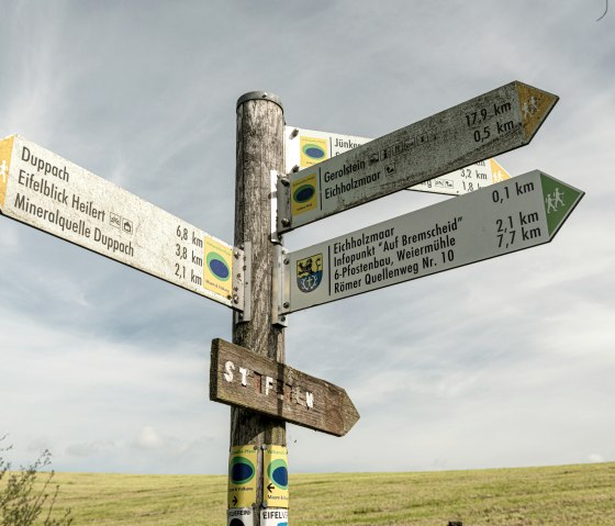 Wegwijzers naar wandelpaden en bezienswaardigheden in Eichholzmaar., © Eifel Tourismus GmbH, Dominik Ketz